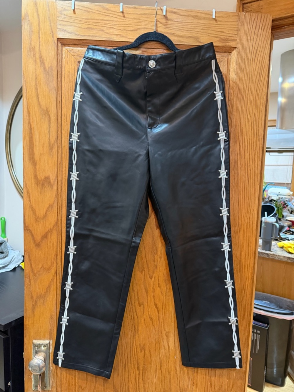 Fashion Brand Company Embroidered Faux Leather Pants